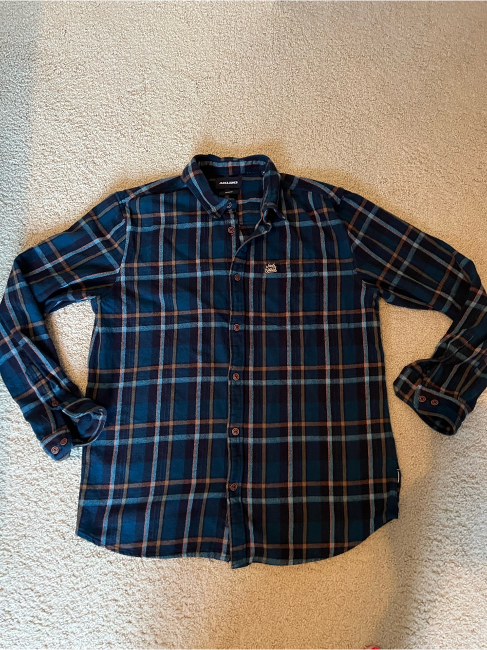 Jack and Jones Navy Blue and Brown Plaid Men's shirt-Size XL but small fit
